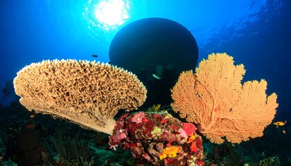 Underwater Coral Reef Ecosystem with Sunlight and Sea Life