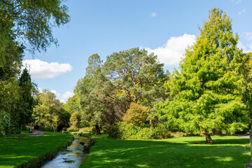 Central Gardens, Bournemouth, UK - September 22nd 2025: The Bourne Stream passing trees in the grade II listed gardens.