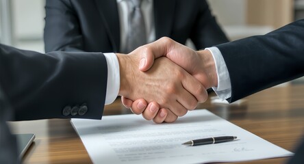 Businessmen shaking hands over a contract on a wooden table  