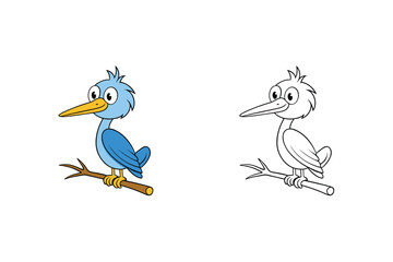 Vector art of a delightful illustration featuring a cartoon bird perched on a branch, presented in both a colored version and a blackandwhite outline