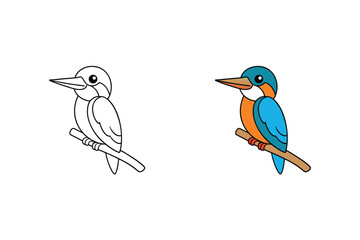 Obraz premium Vector art of a captivating illustration showcases a charming kingfisher, presented in both vibrant color and a classic black and white line drawing