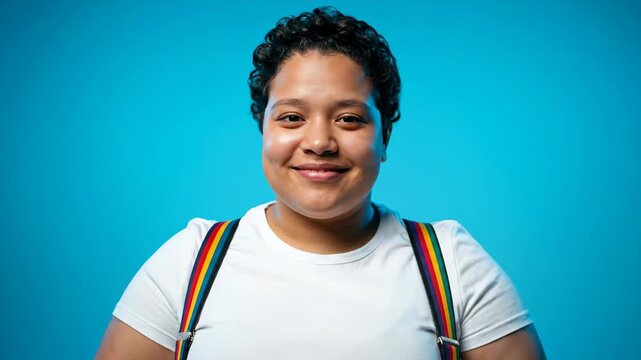 Person Smiling With Rainbow Suspenders Against a Blue Studio Background