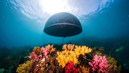 Underwater Coral Reef with a Dark Spherical Object in Sunlight