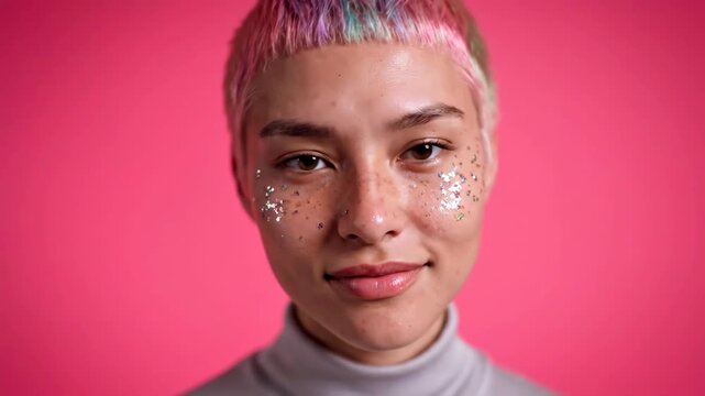 Model With Pink Hair and Glitter Posing in Front of a Pink Background