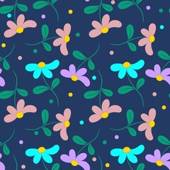 Colorful flowers seamless pattern on the dark blue background textile design