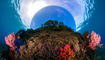 Underwater Coral Reef with Bright Blue Sky and Vibrant Colors