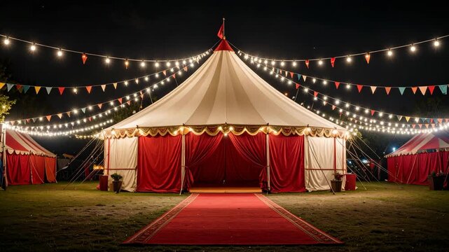 Whimsical circus tents illuminated at night with string lights and colorful pennants on grass, creating a festive ambiance.
