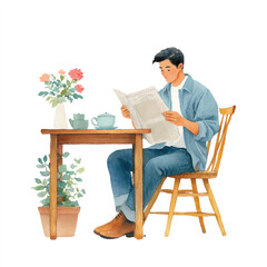 Fototapeta premium Man engrossed in reading newspaper at table with flowers.