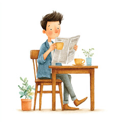 Fototapeta premium Man engrossed in newspaper reading at a table.