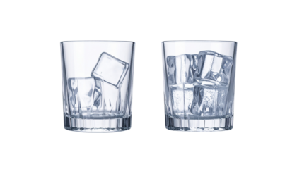 Dual drinking glass set with different ice cube arrangements, isolated on transparent background