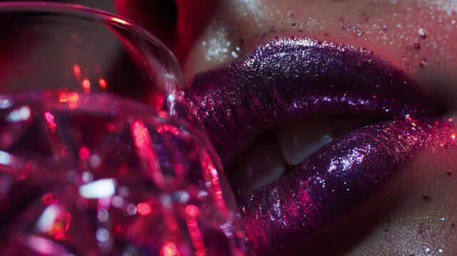 Close-Up of Gleaming Lips Adorned with Glitter and a Sparkling Drink in a Luscious, Vibrant Setting Infused with Shimmering Colors Reflecting on Glossy Surfaces, Creating a Stunning Visual Experience.