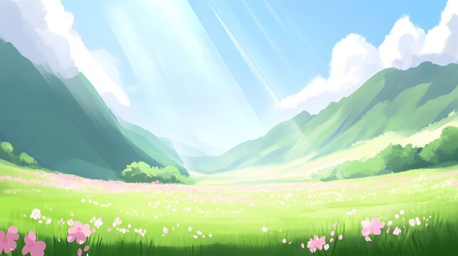 Scenic meadow with pink flowers and mountain backdrop under a sunny sky - Powered by Adobe