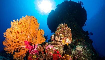 Underwater Scene with Coral and Structure Against Blue Ocean