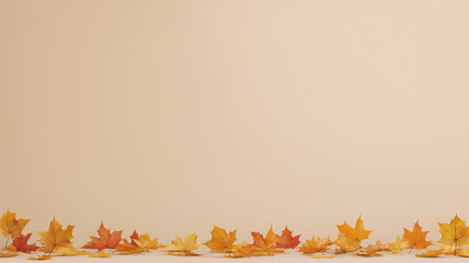 Minimal autumn background scattered golden and orange maple leaves along bottom edge on neutral backdrop conveying warm seasonal mood