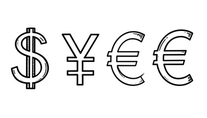 Outlined graphic illustrating currency symbols, including dollar, yen, and euro, presented in a line against a white background