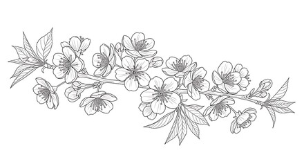 Delicate black and white sketch of a blooming cherry blossom branch with leaves