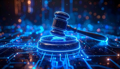 A glowing, abstract composition showcasing a gavel resting on a platform, within a digital, neon circuit board design. Bright blue light illuminates the scene
