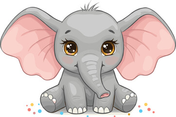 Cute baby elephant sitting with big pink ears, adorable cartoon animal illustration, safari wildlife character art for kids and nursery