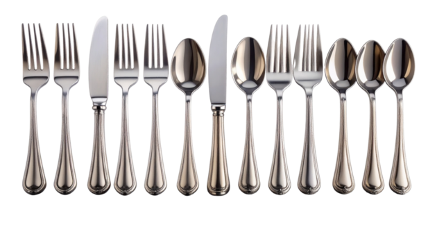  Dual flatware composition with classic and decorative utensils, isolated on transparent background