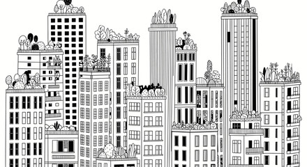 Obraz premium Hand drawn black and white cityscape with rooftop gardens.