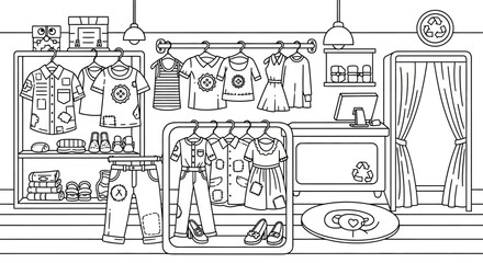 Naklejka premium Hand Drawn Illustration of a Retail Fashion Store Interior.