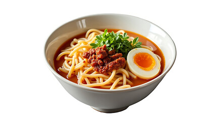 Ramen with egg and meat, topped with coriander, on a white background.