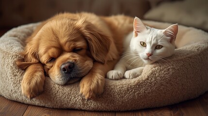 A dog sleeps on the bed with a white cat next to it.