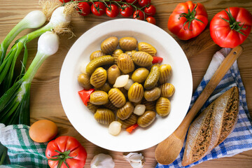 White plate with grilled olives, onions, peppers, and pickles. Overhead view of the table.
