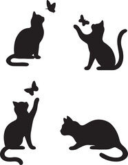 PrintFour silhouettes of playful cats chasing butterflies