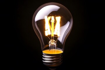 Illuminated clear light bulb glowing against dark background to symbolize ideas