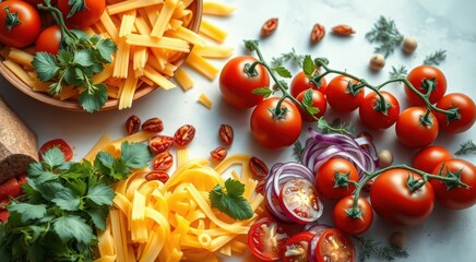 A vibrant arrangement of fresh tomatoes, pasta, and herbs, perfect for a culinary scene.