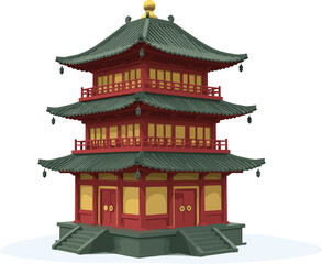 Traditional Chinese pagoda temple illustration, ancient Asian architecture, red and green cultural building design, heritage landmark art for tourism concept