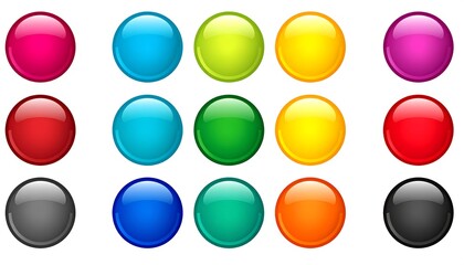 A collection of fifteen glossy, colorful circular buttons. Arranged in three rows of five, these buttons feature gradient shading