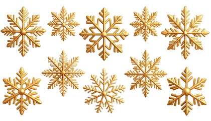 A collection of gold, 3D snowflakes in varying designs against a clean white background. They appear elegant and festive