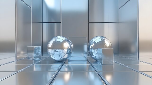 Abstract metallic scene with chrome balls and cubes futuristic concept - Powered by Adobe