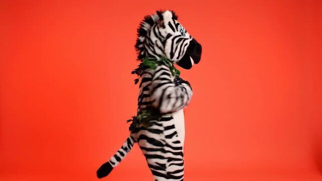 Zebra Mascot With Lei Dancing on Orange Background at Studio