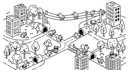 Obraz premium Squirrels and birds enjoying a safe urban environment with tunnels and trees.