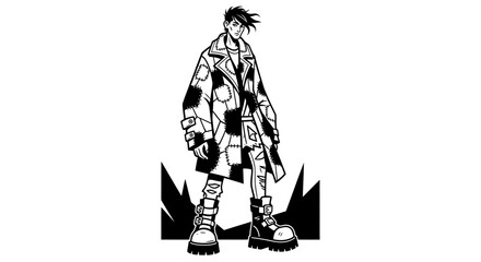 Obraz premium Stylized illustration of a person in a patchwork coat and combat boots.