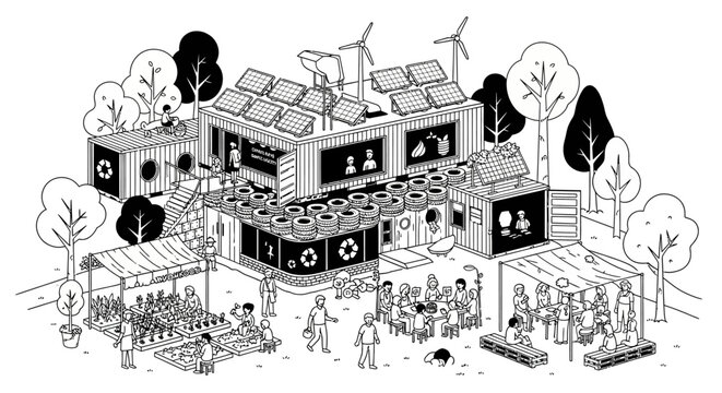 Sustainable Community Hub with Renewable Energy and Urban Farming.