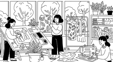 Three female fashion designers collaborating in their creative workshop.