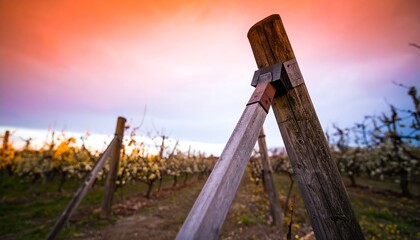 Vineyard Posts with Sunset Sky and Blooming Trees