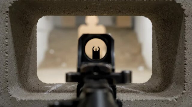 Shooting Rifle at Target Through Concrete Barrier at Indoor Shooting Range