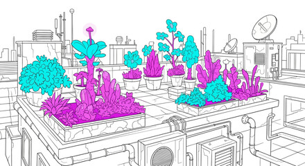 Vibrant Magenta and Cyan Plants on a Rooftop Garden Sketch.