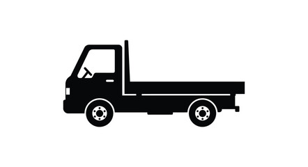 Simple silhouette of a black flatbed truck with wheels and a cab isolated on white