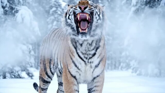 Tiger Walks Through Snowy Forest in Winter, Big Cat in Natural Habitat