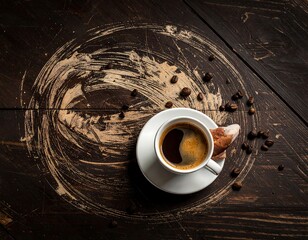 Overhead shot of a white coffee cup filled with dark coffee on a saucer, next to a biscotti cookie and scattered coffee beans on a dark wooden surface
