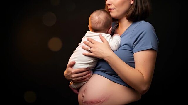 Heartwarming Moment: Mother Embracing Newborn After Cesarean Section Delivery, Close-up of Love