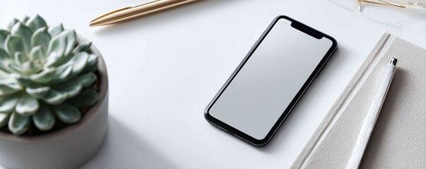 Clean, minimalist workspace flat lay. Features a blank smartphone, succulent, and stationery on white. Ideal for technology, office, or lifestyle concepts.