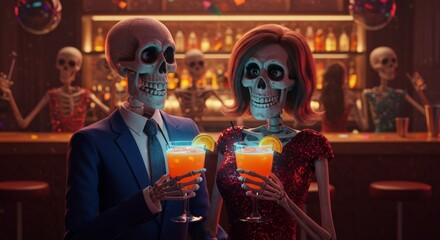 Obraz premium Skeleton couple celebrating with drinks at party