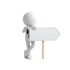 3D White Figure with Blank Arrow Sign on Transparent Background